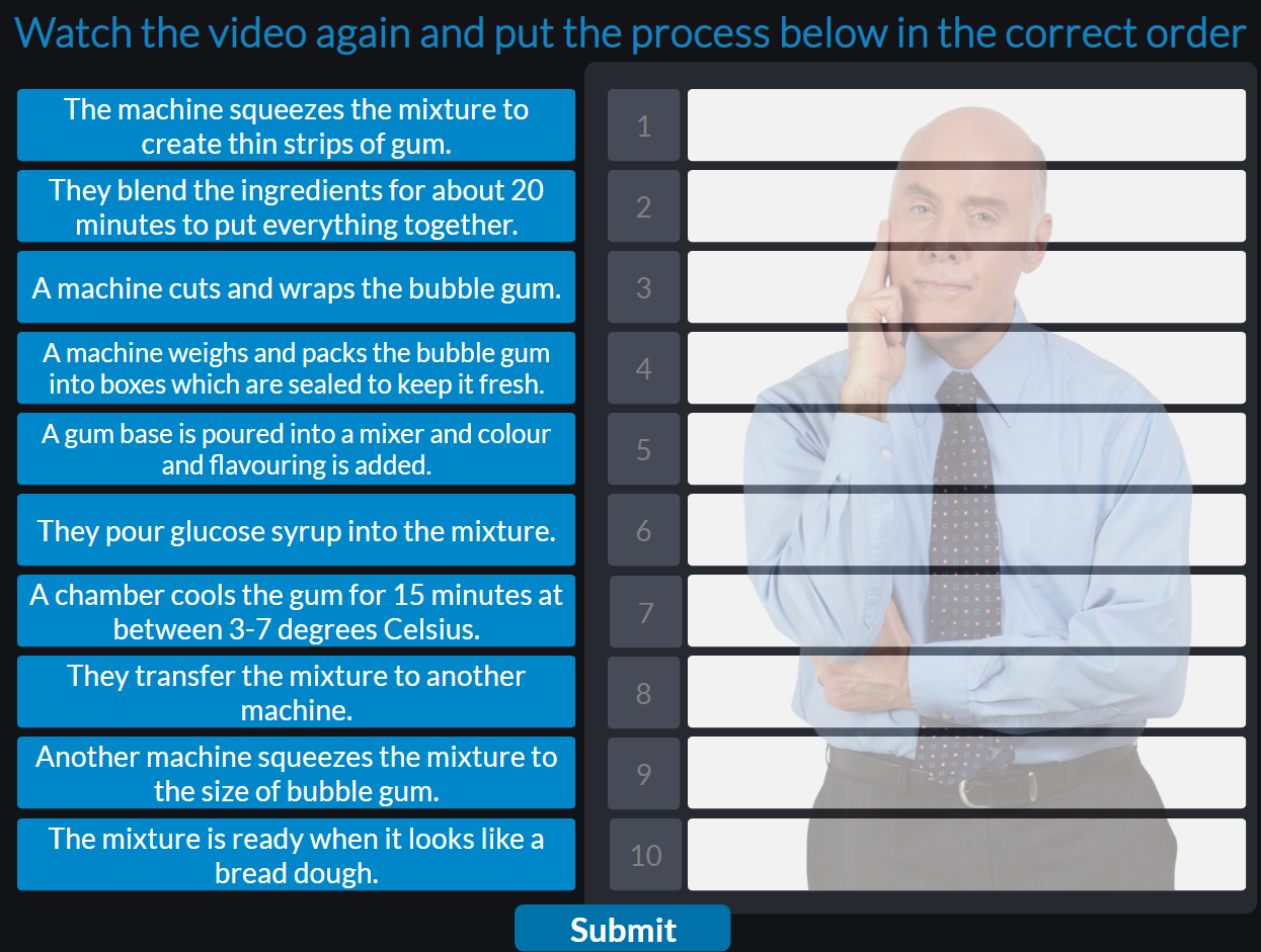 Interactive: Video Review, Drag and drop the process steps in the correct order 